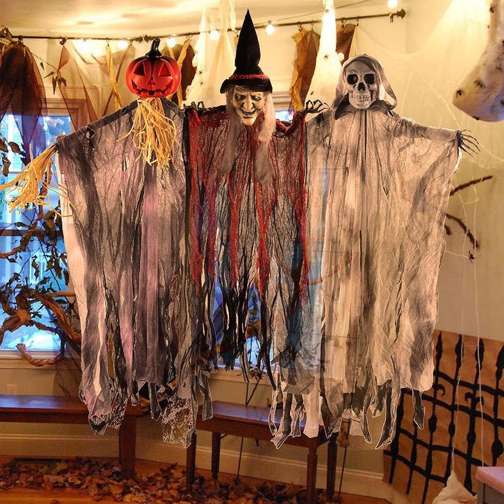 JOYIN 3 Pack 35” Hanging Ghosts Witch Pumpkin Decor Hanging Halloween Decorat...