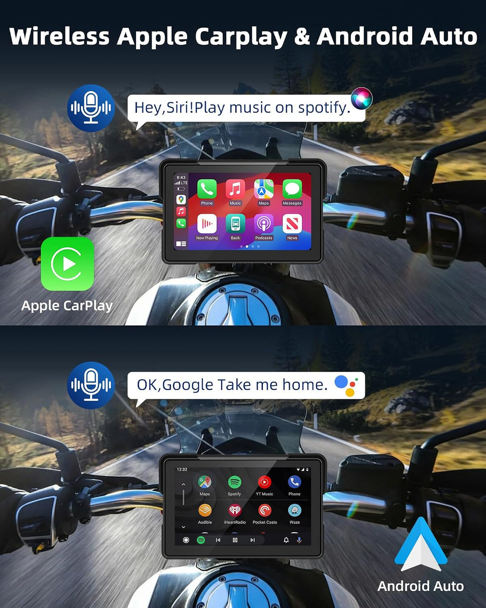 7" Motorcycle Carplay w Dual 4K Dash Camera Wireless Apple Carplay
