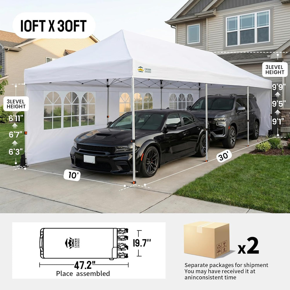 CROWN SHADES 10X30 Pop Up Canopy Tent with Sidewalls, Instant Setup, White
