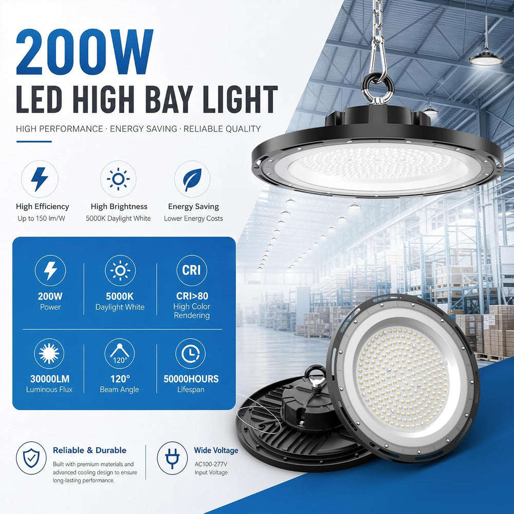 UFO LED High Bay Lights 200W 10 Pack 5000K Daylight with 5ft Plug