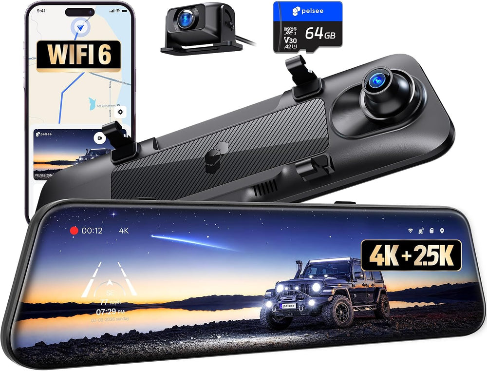 Pelsee S12 Native 4K + 2.5K Mirror Dash Cam, 64GB Card Included, GPS