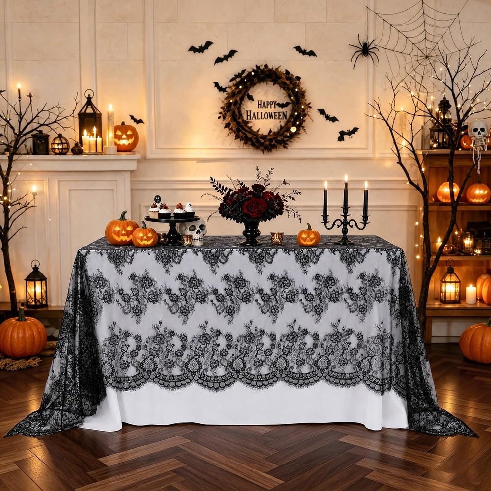 Black Lace Tablecloth Rectangular Halloween Tablecloth 60x120 Inches,2 pcs