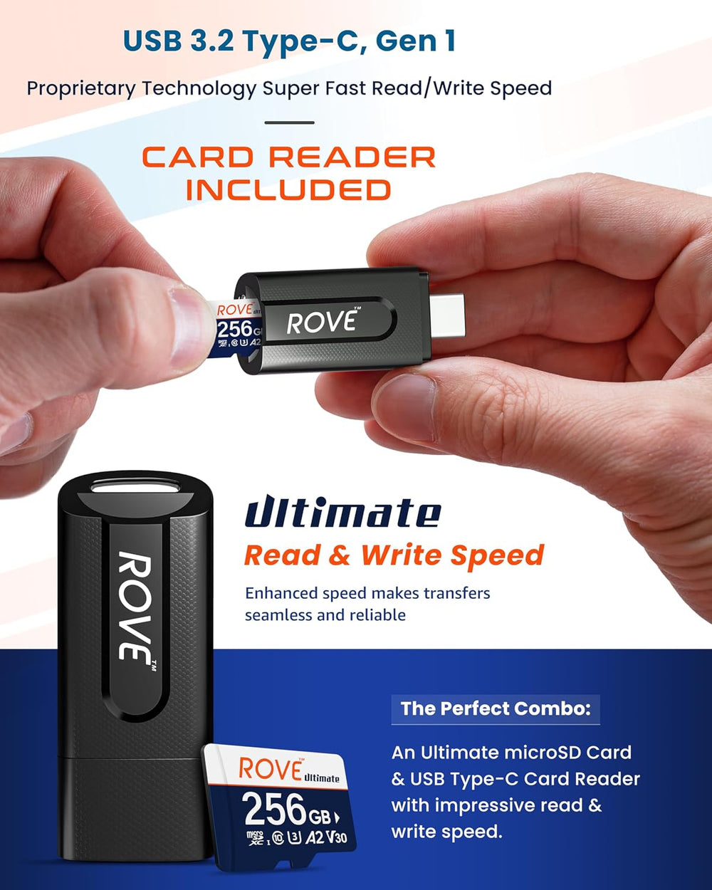 ROVE Ultimate Micro SD Card microSDXC 256GB Memory Card with USB 3.2 Type C C...
