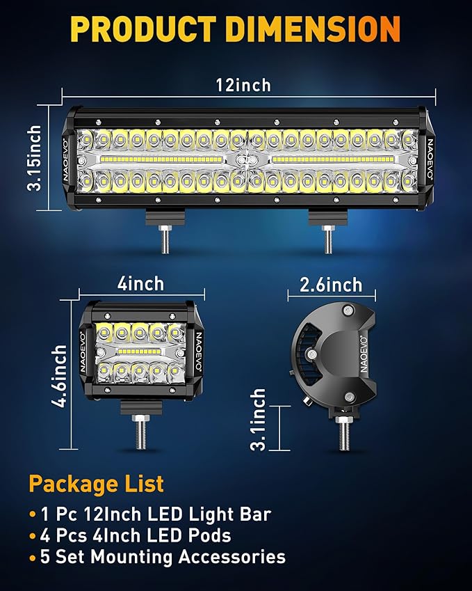 NAOEVO 12 Inch LED Light Bar and 4PCS 4 Inch LED Pod Lights, 54000LM LED