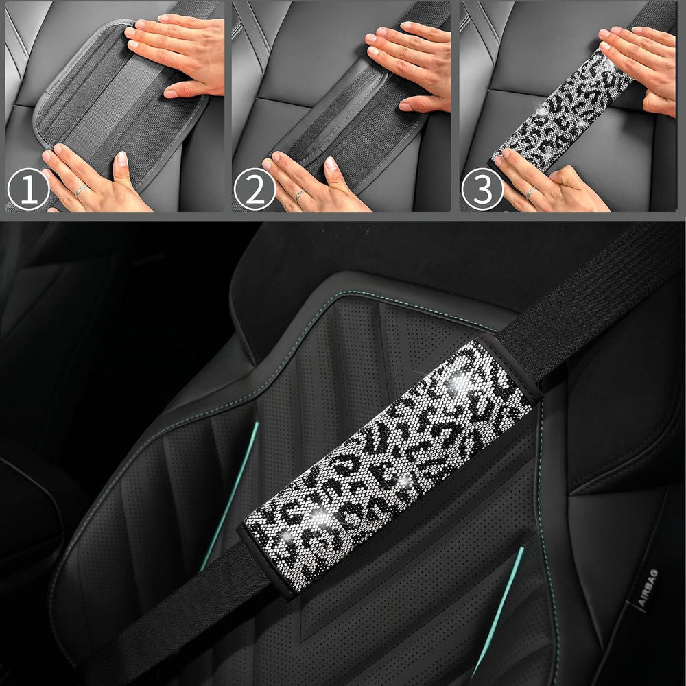 11 pcs Bling Snow Leopard Car Accessories Set for Women, Cheetah Print Steeri...