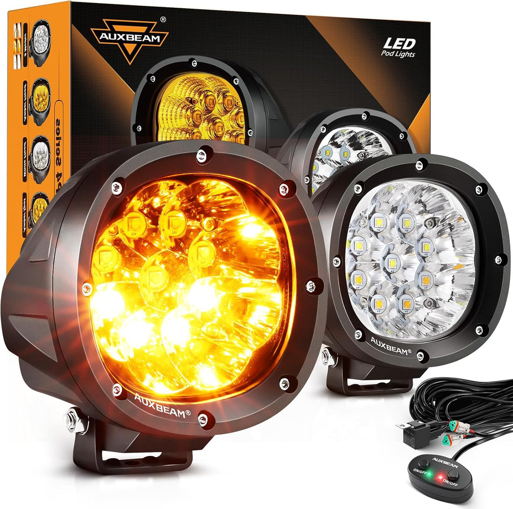 Auxbeam 6 Modes Amber White Round LED Pods, P4 Series 4 Inch 90W Flashing (2-...
