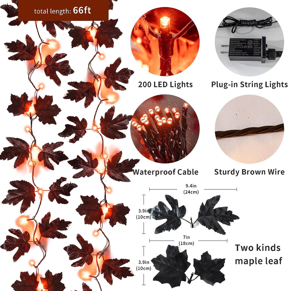66ft Handmade 200 LED Halloween Garland,Artificial Maple Leaves String Lights...