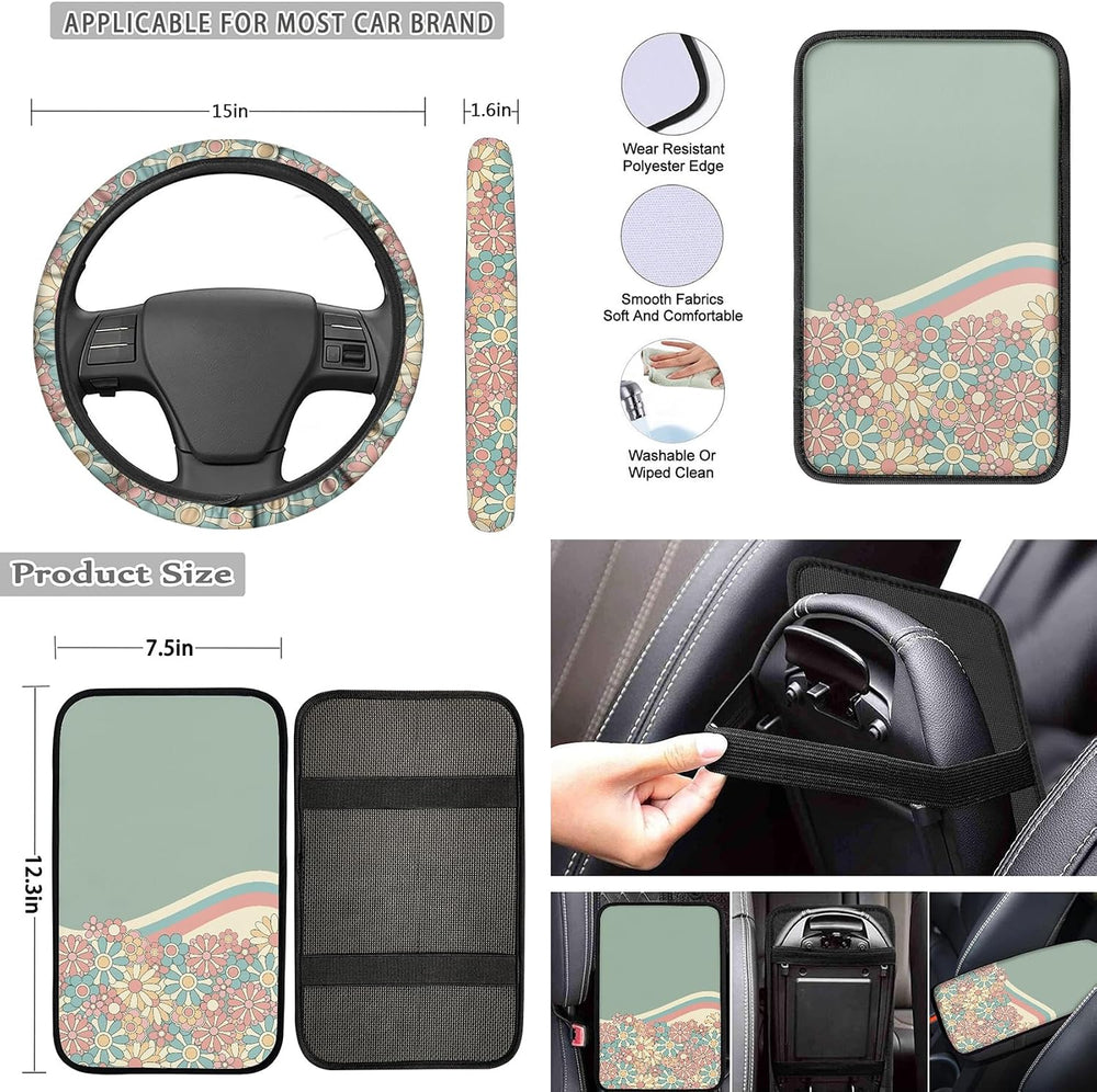 Abstract 70S Groovy Flower Auto Seat Cover Full Set for Women,12 Pack Green S...