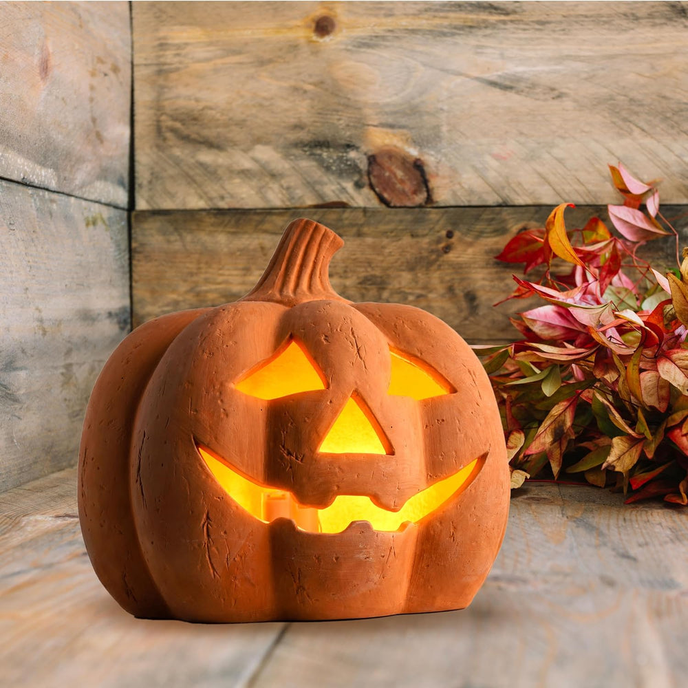 Halloween Lighted Terracotta Jack O Lantern Pumpkin 9.8 Inch Decor (Medium)