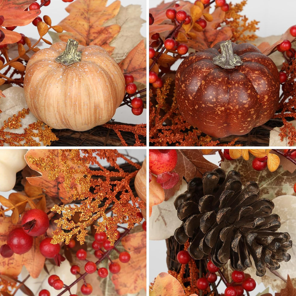 22" Artificial Fall Wreath for Front Door Autumn Harvest Wreath with Pum...