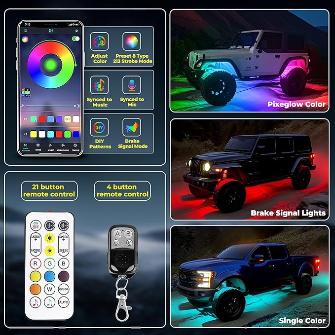 12 Pods 252 LEDs 5 Sides RGB Rock Lights, App/2 Remote Control Rock Lights