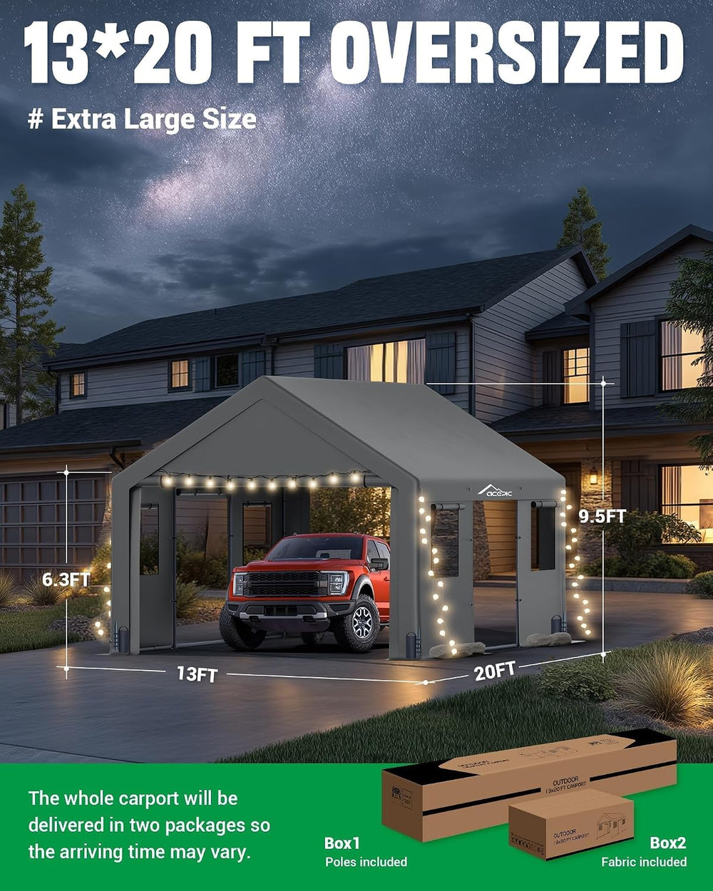 13x20ft Heavy Duty Carport with All-Season Sidewalls, Grey