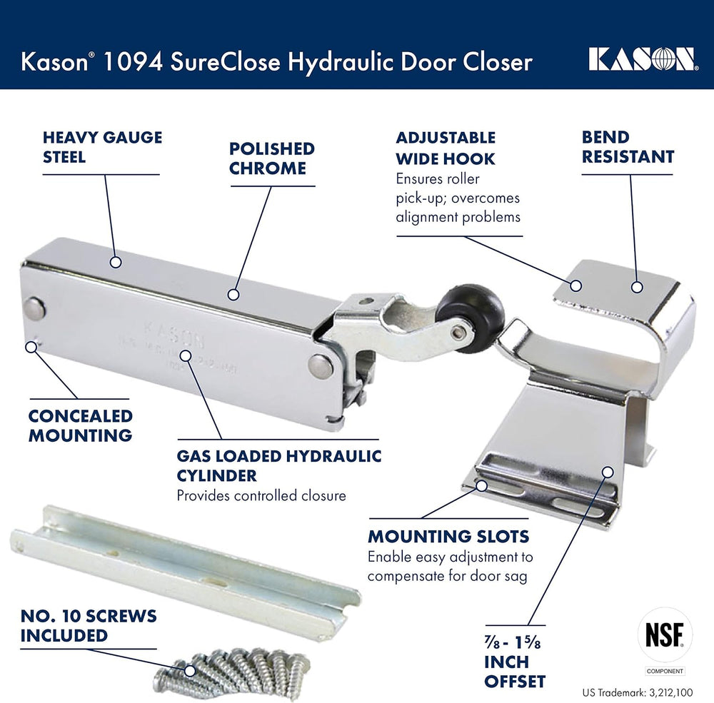 Kason 1094 SureClose Hydraulic Door Closer and Hook, Concealed Mounting, Adju...