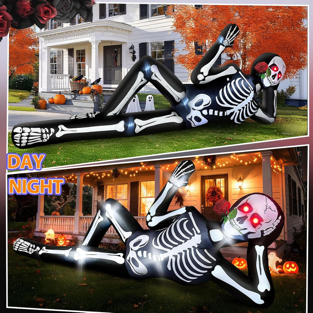 10FT Halloween Inflatable Outdoor Decoration, Lying Giant Skeleton with LED