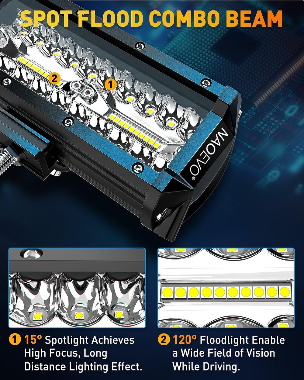 NAOEVO 7 Inch LED Light Bar, White Off Road/Fog Lights with 2-Lead Harness