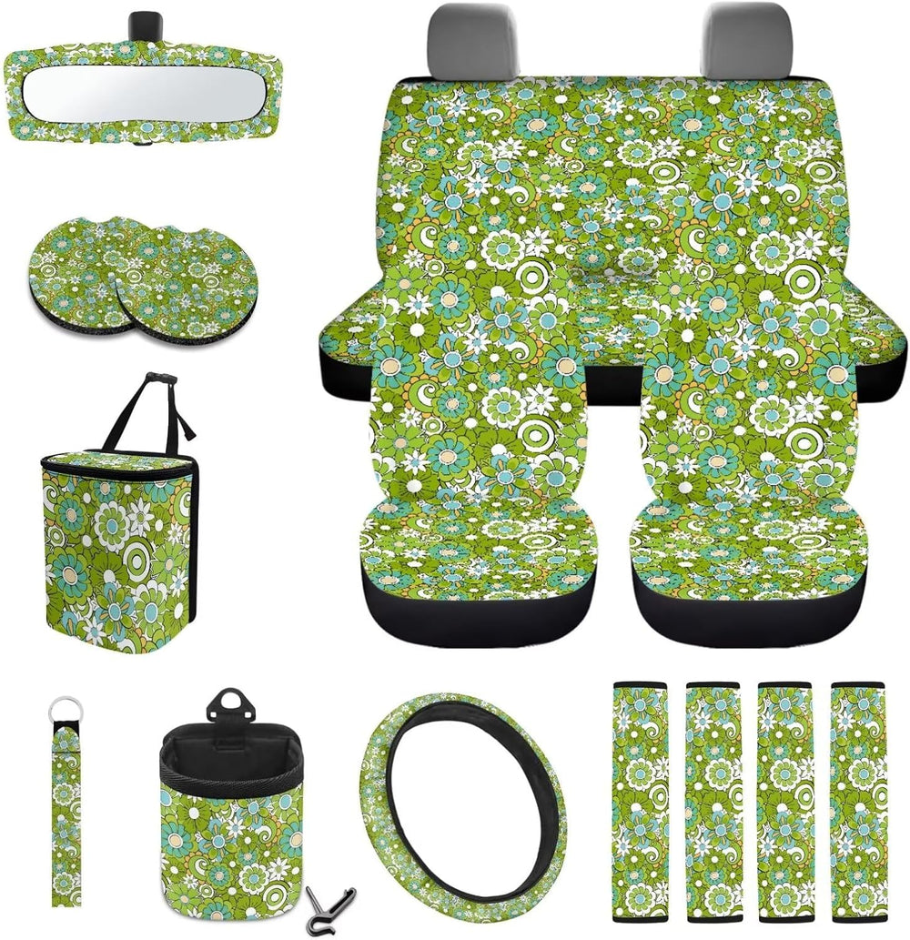 Hippie Flowers Green Print 15Pcs Car Seat Cover Full Set Car Steering Wheel C...