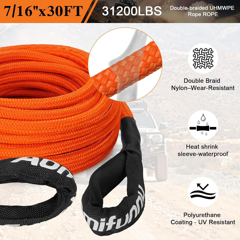 7/16" x 30ft UHMWPE Tow Rope, 31,200 Lbs Break Strength, Heavy Duty Tow ...