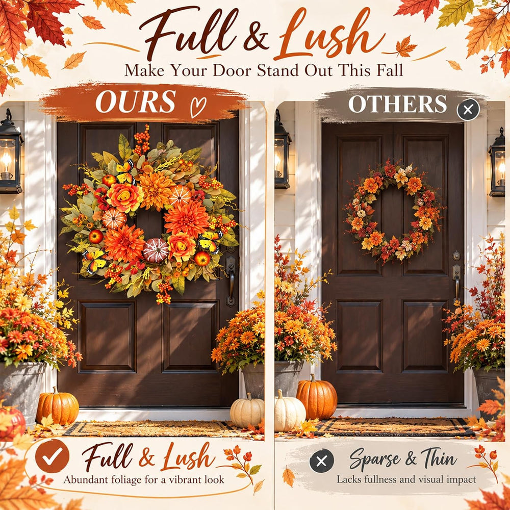 26 Inch Fall Wreaths for Front Door, Large Autumn Harvest Wreath with Pumpkin...
