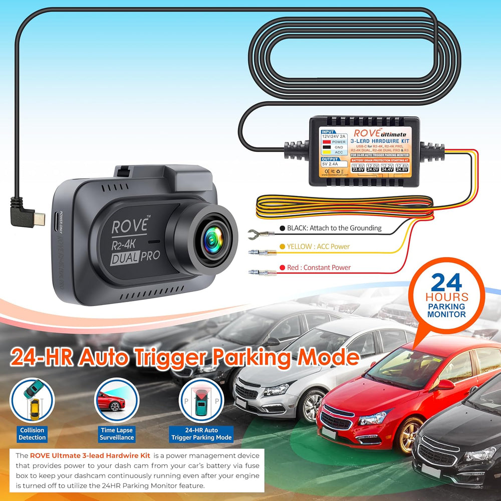 ROVE R2-4K DUAL Dash Cam Front and Rear with Ultimate Hardwire Kit