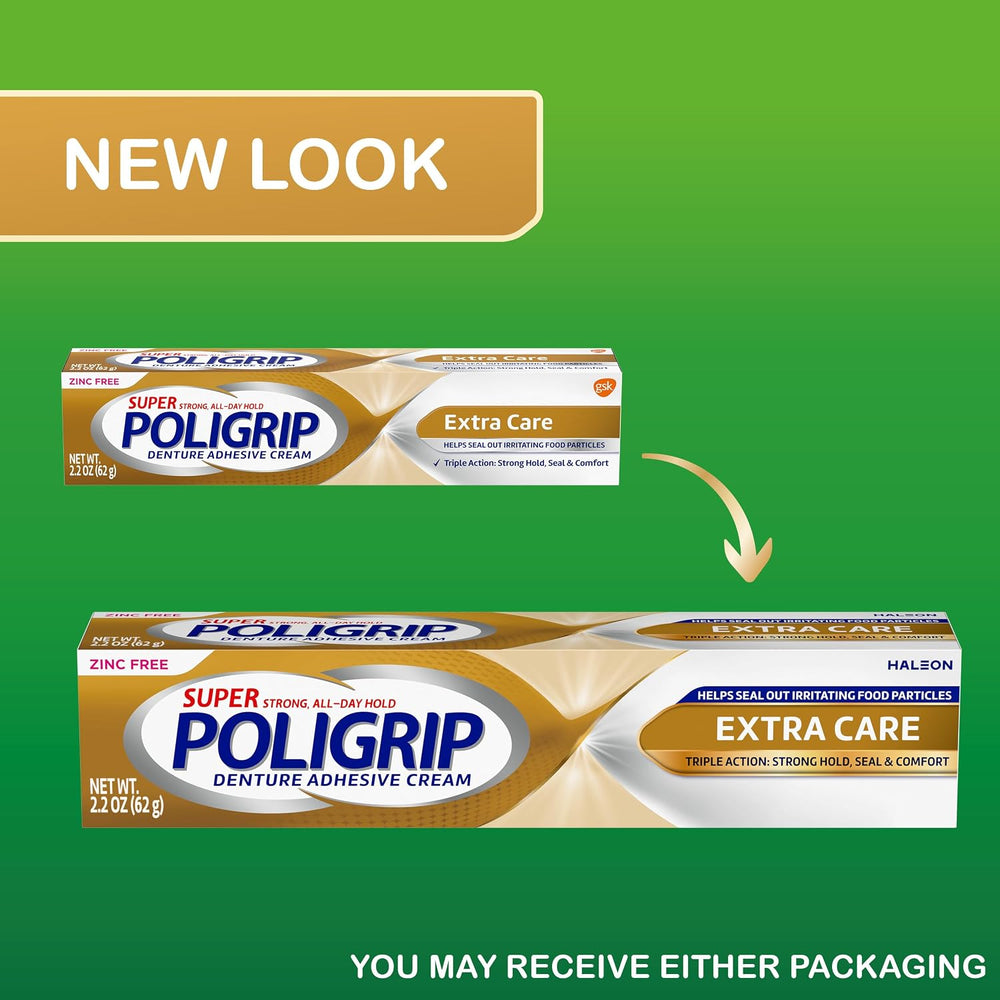 Poligrip Extra Care Denture Adhesive Cream, 2.2 oz (4 Pack)