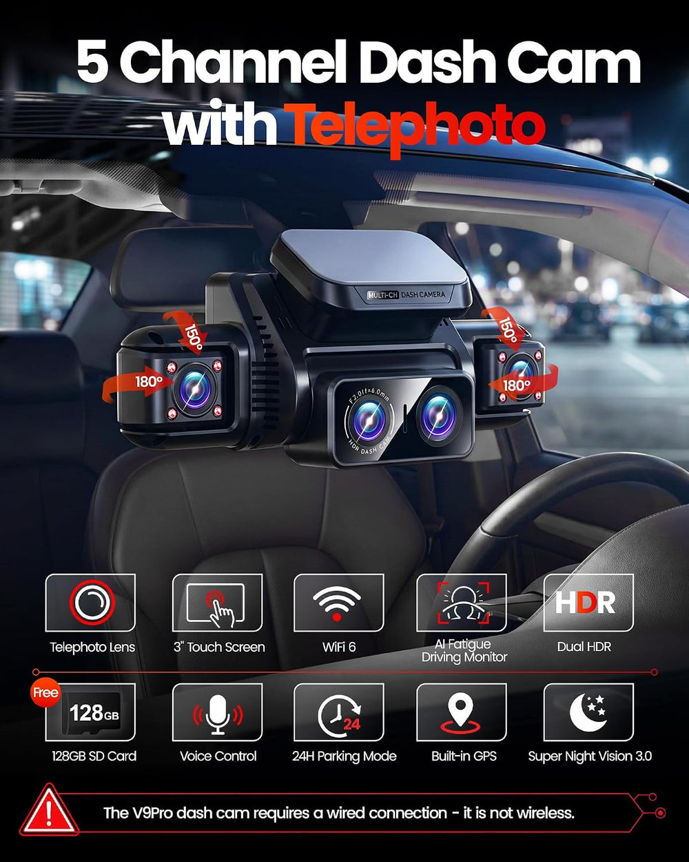 AI 5 Channel Telephoto Dash Cam Front and Rear, 4K 360° Camera Car
