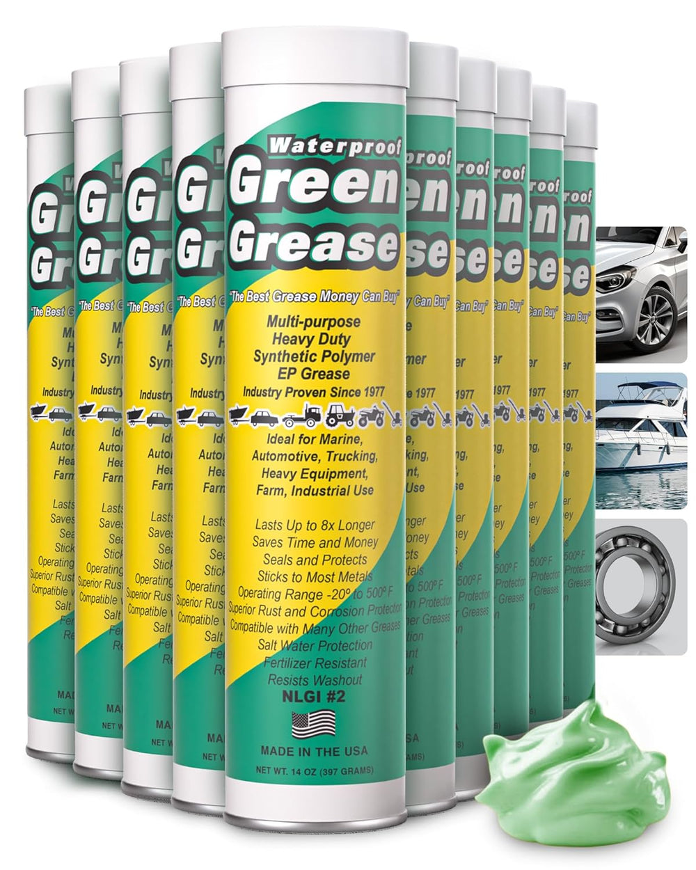 14oz Ultra Heavy Duty Green Grease Tube for Grease Gun - USA Made (10 Pack)