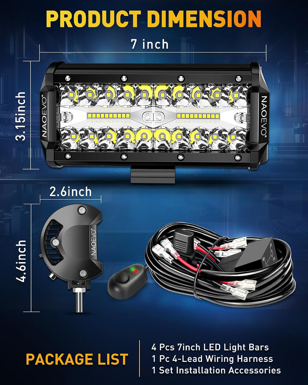 NAOEVO 4 Pcs 7 Inch LED Light Bar with 4 Leads Harness for Trucks, White