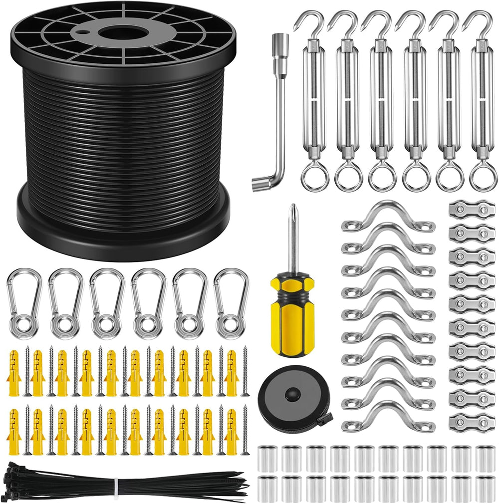 NEREUS String Light Hanging Kit with 200FT Black Vinyl Coated Wire Rope