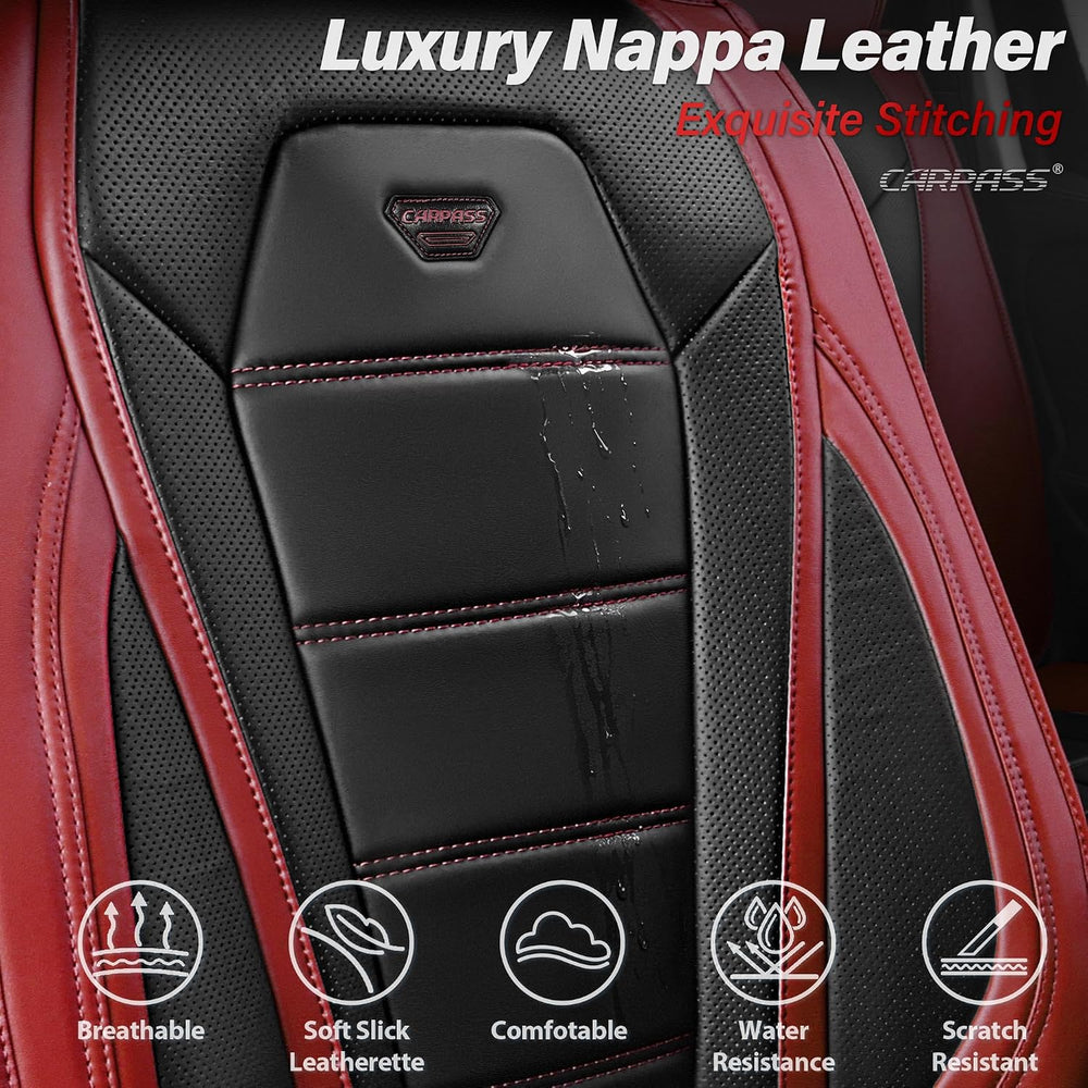 CAR PASS Nappa Leather Car Seat Covers Full Set Faux Leather, Black Red