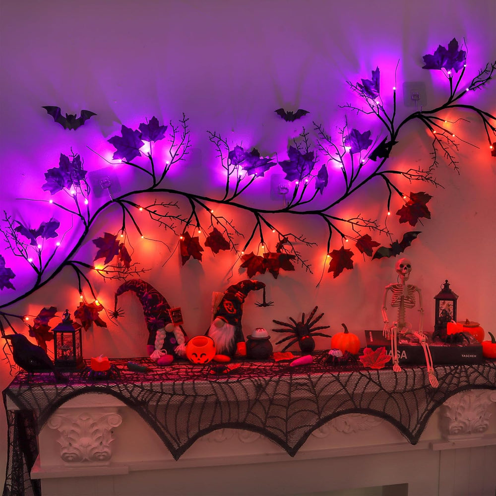 9 FT 72 LED Willow Vine Twig Decor Black Halloween Garland with Orange & ...