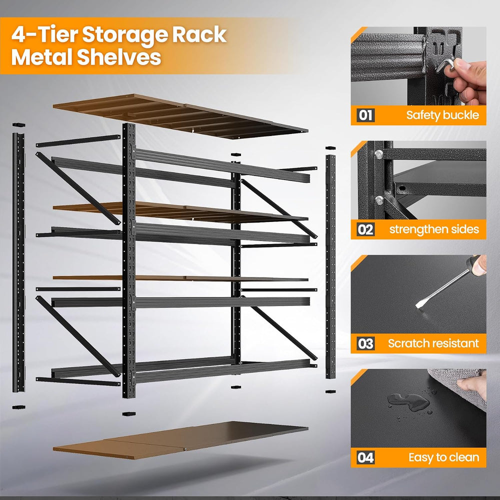 BYNSOE Heavy Duty Shelving Unit 71''W, Garage Shelving Rack 4 Tier Ad...