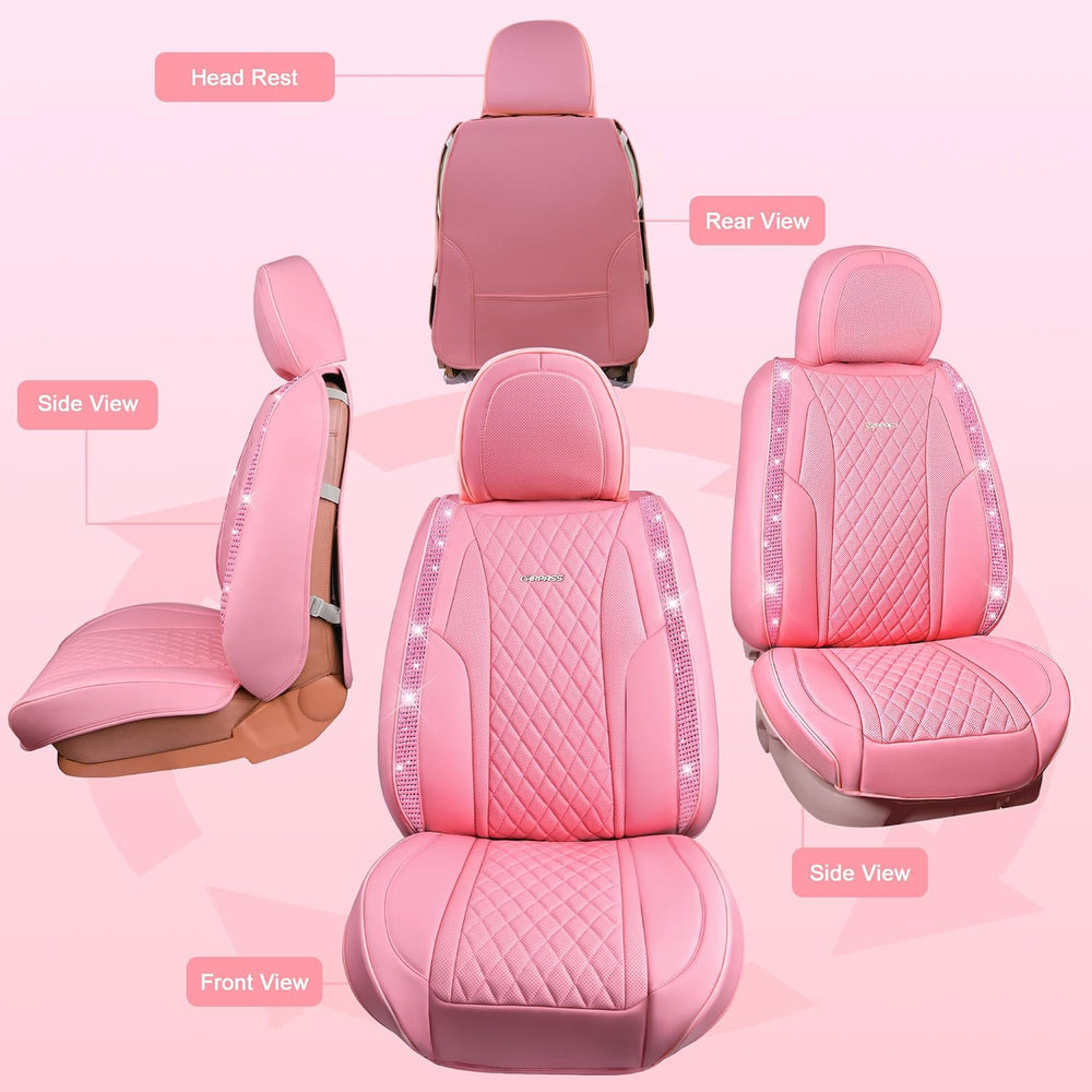 CAR PASS Pink Nappa Leather Car Seat Covers for Full Seats, Bling Diamond Wat...