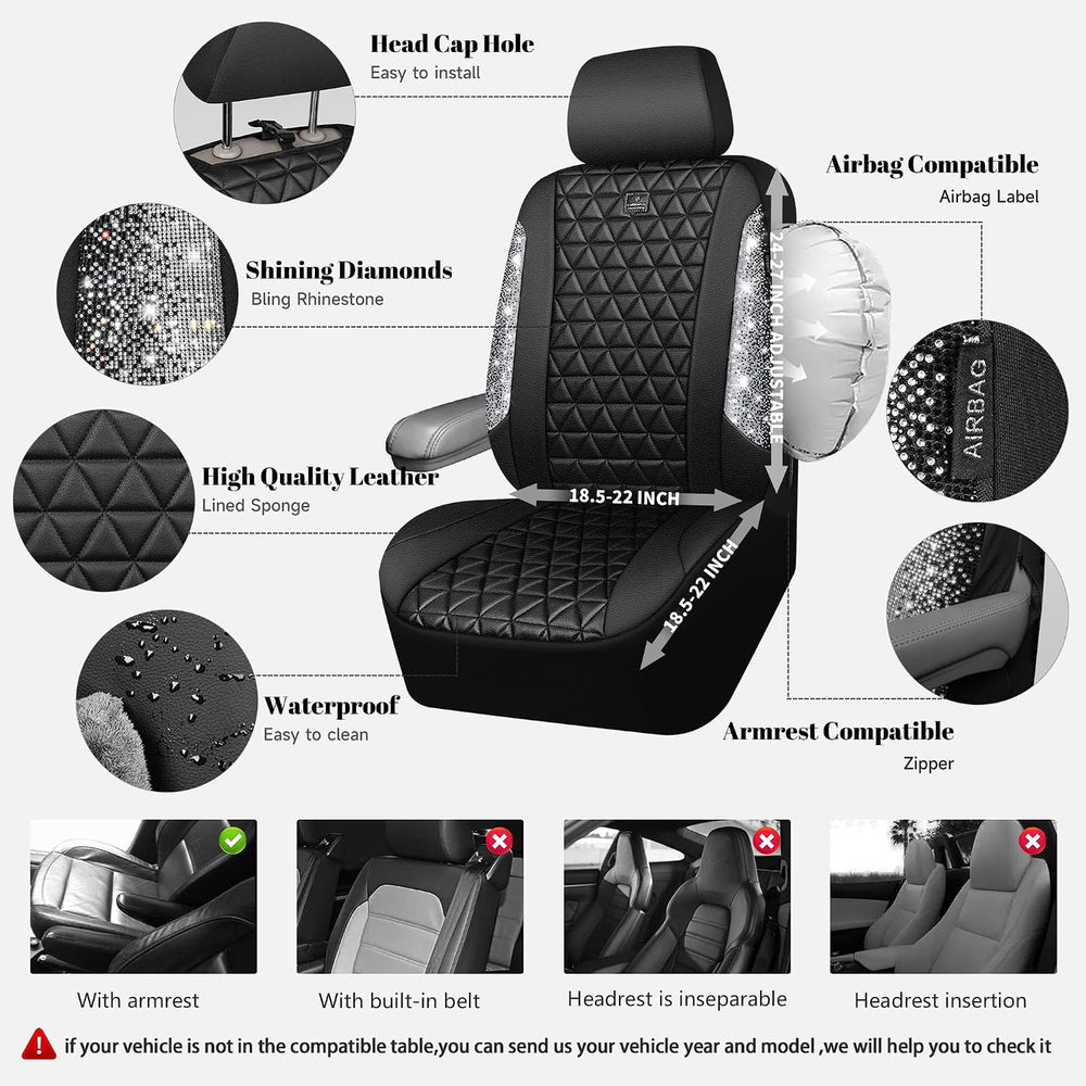CAR PASS Bling Diamond Leather Car Seat Covers for 2 Front Interior Sets, Wat...