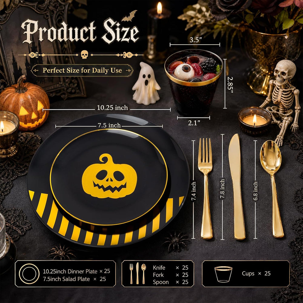 KIRE 25 Guest Halloween Plates Black Gold Plastic Plates Smiley Pumpkin inclu...