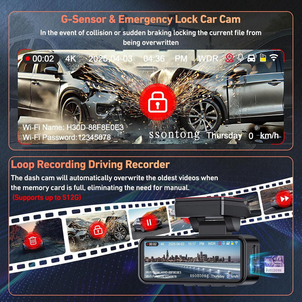 Dash Cam Front and Rear, 4K GPS 5.8G WiFi ADAS Dashcam,3.2" IPS Screen 32GB