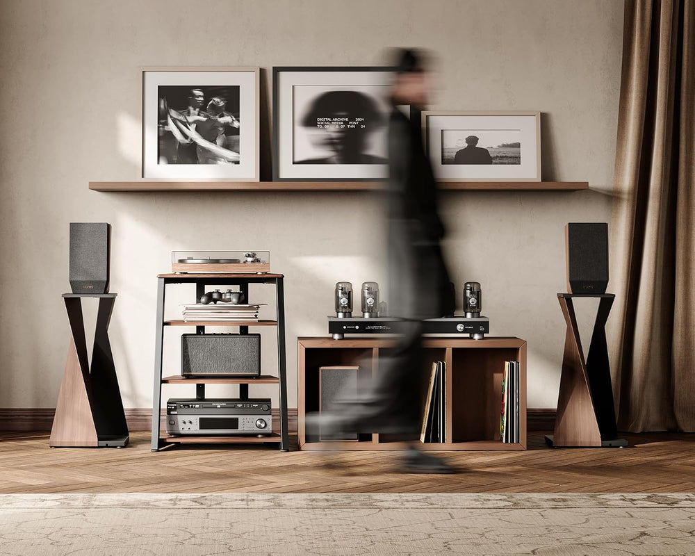 FITUEYES 4-Tier AV Media Stand Corner Shelf for Record Player HiFi, Walnut