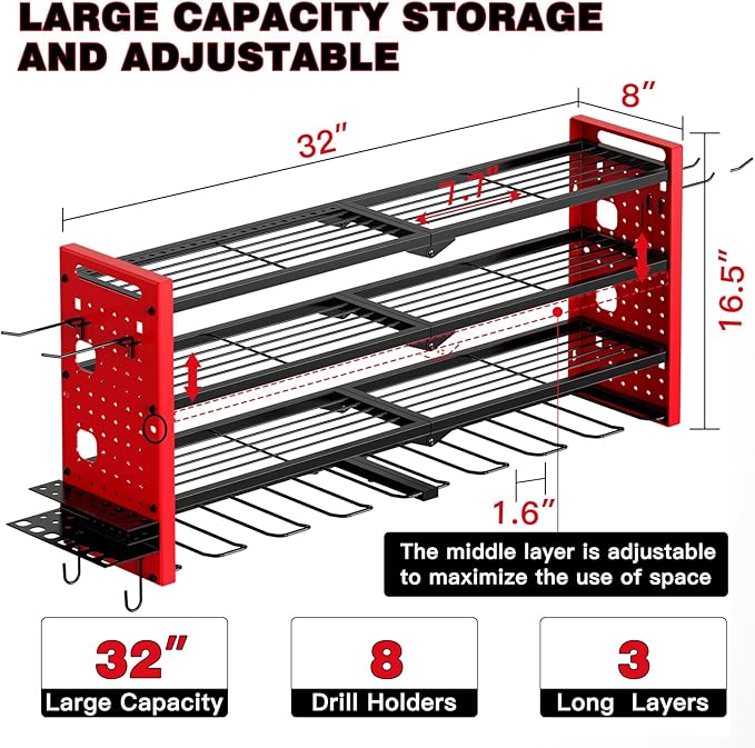 Power Tool Organizer Wall Mount, Cordless Drill Organizer, 4 Layers Large