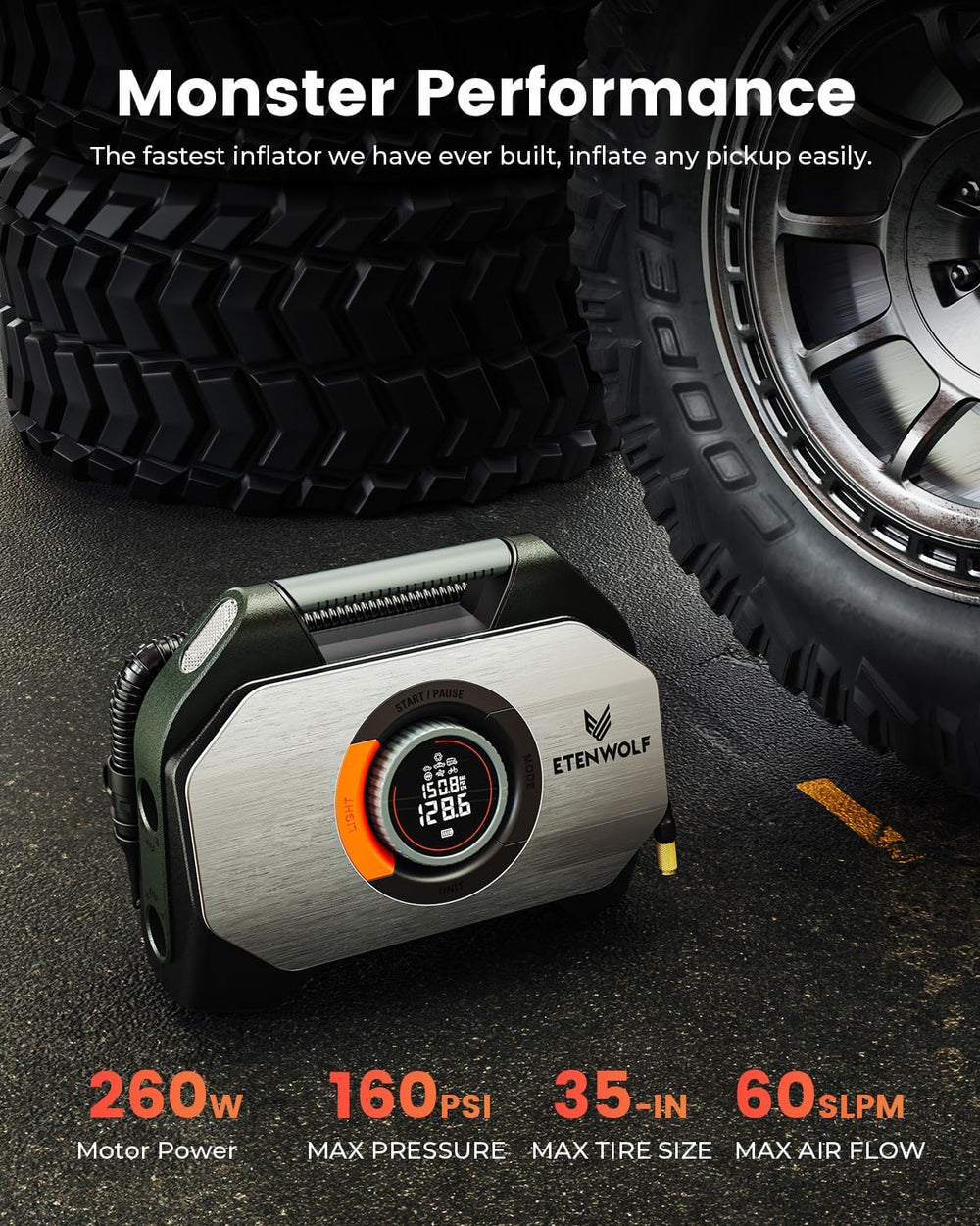 ETENWOLF VORTEX S7 Tire Inflator for Heavy-duty Vehicle with 38400 mAh