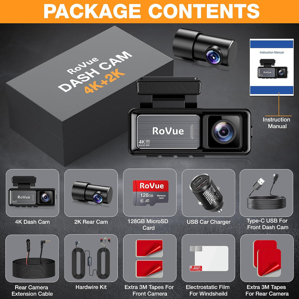 4K+2K Dash Cam Front and Rear, 128GB Card & Hardwire Kit Included, Built-...