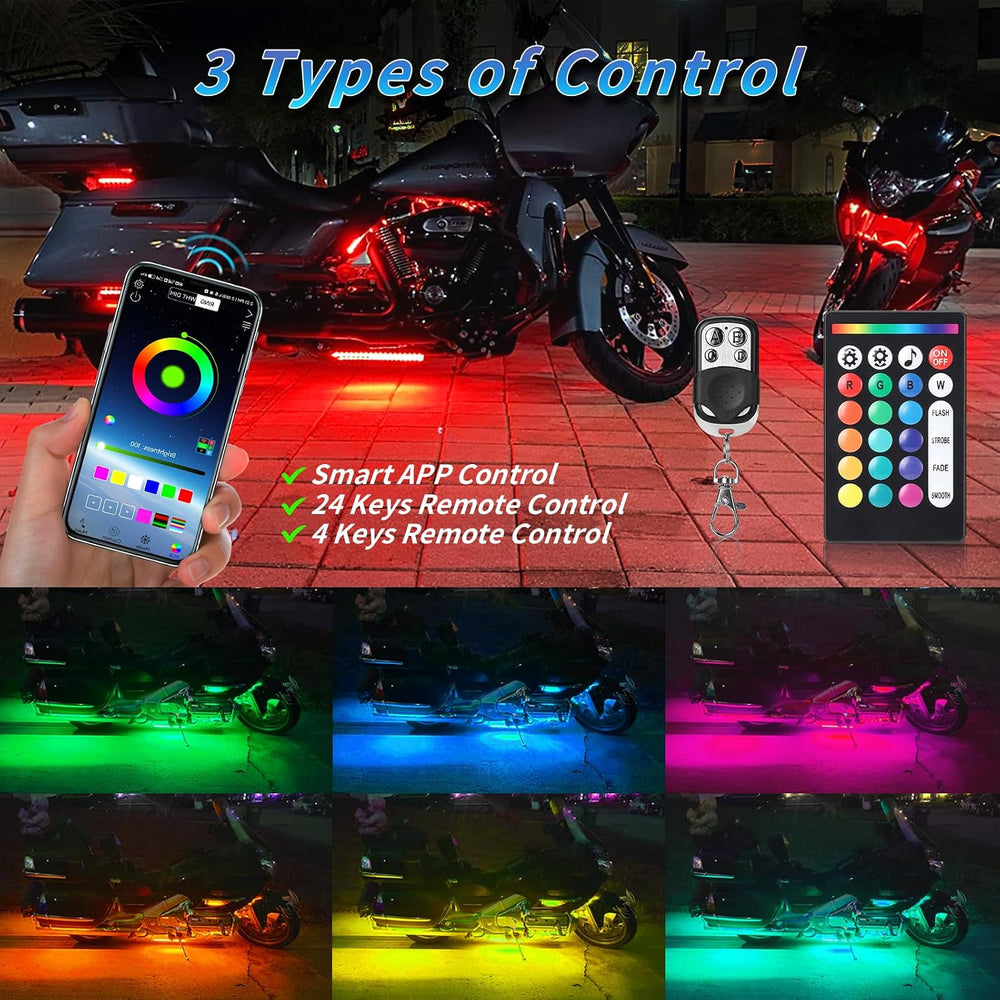 8PCS Motorcycle RGB LED Light Kits with Brake Turn Signal, Underglow Lights w...