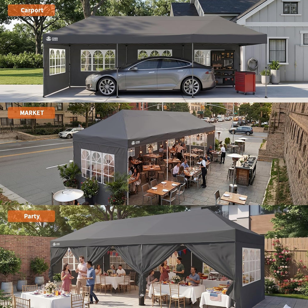 CROWN SHADES 10X30 Pop Up Canopy Tent with Sidewalls, Instant Setup, Gray