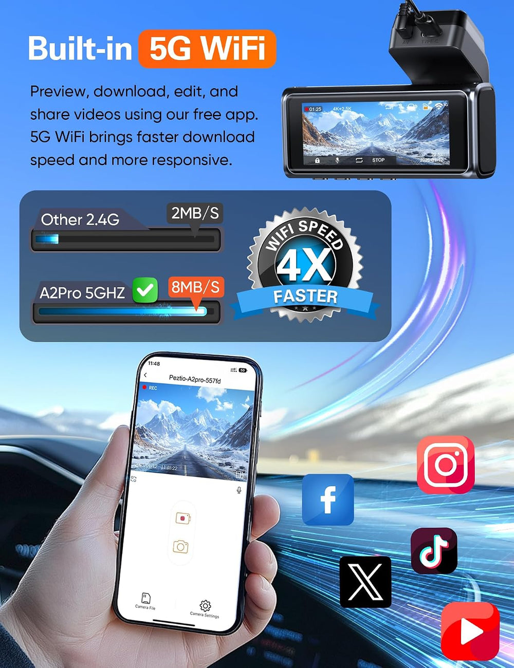 4K+2.5K WiFi Dash Cam Front and Rear, Built-in 5G WiFi, Free 64GB Card, Dash ...