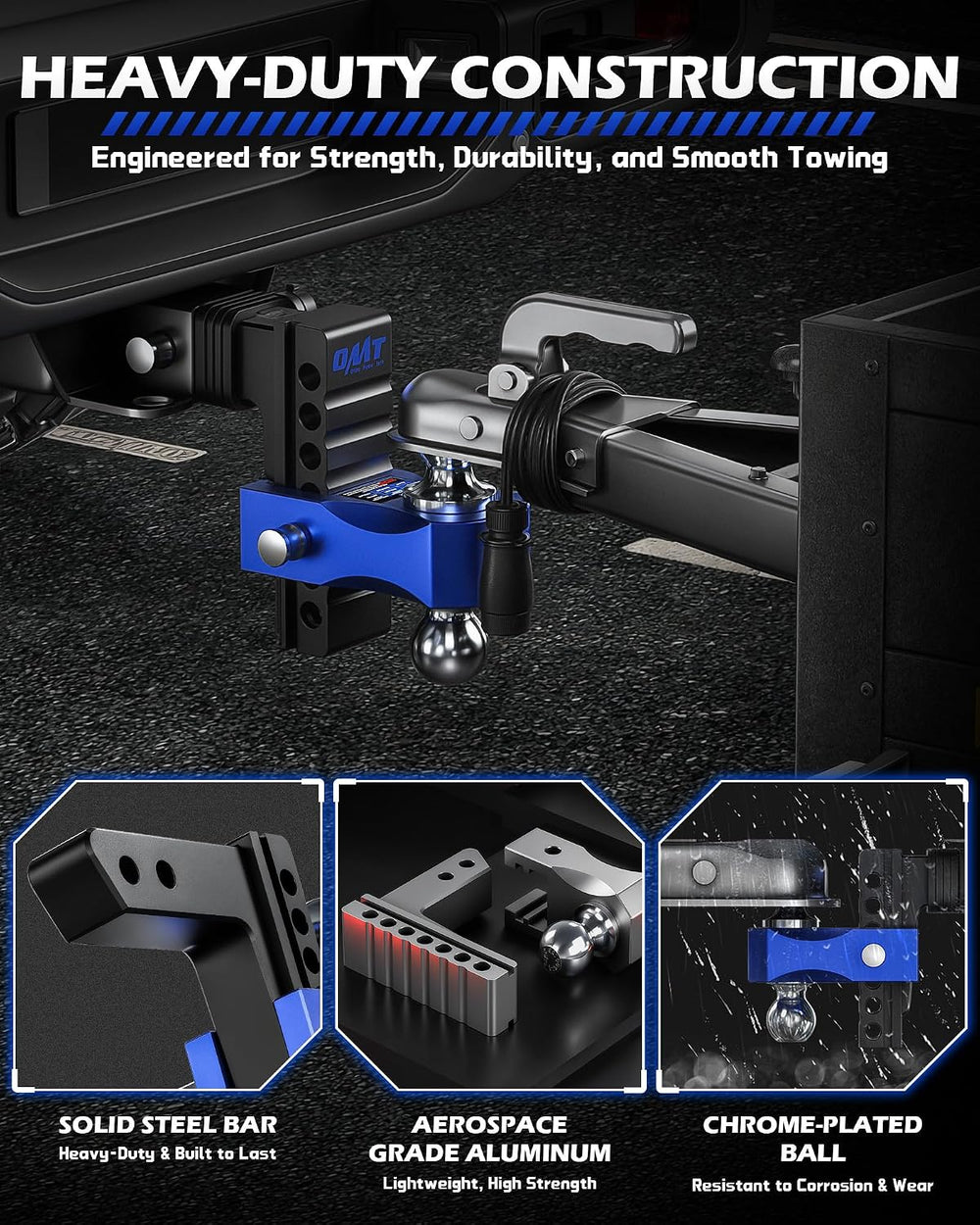 OMT Adjustable Trailer Hitch, 2 Inch Receiver, 12500 LBS Drop Hitch