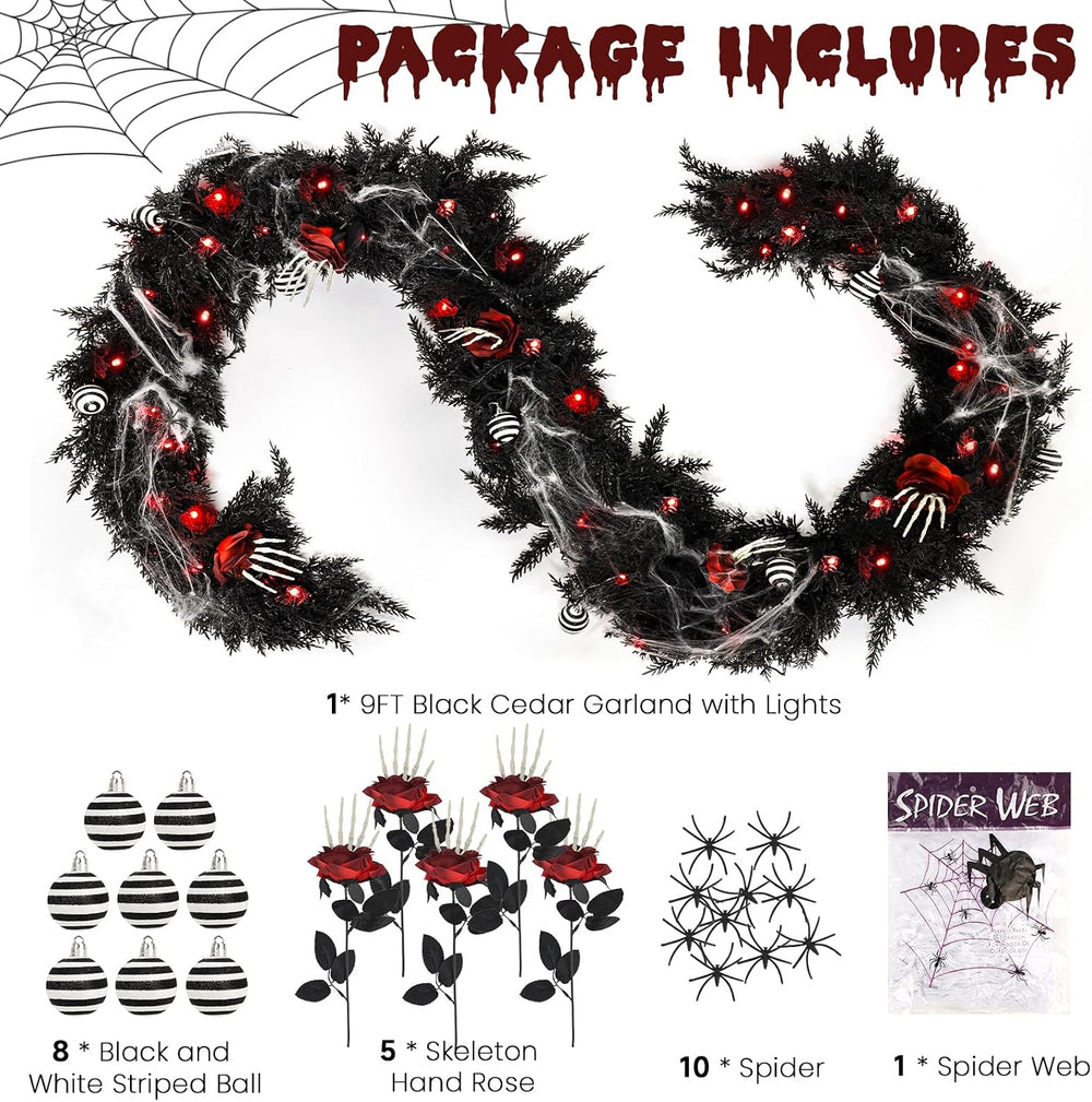 9FT Black Garland with Lights and Ornaments Prelit Halloween Decoration