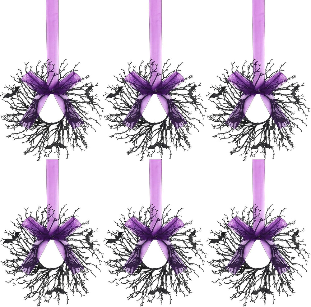 Suncalla 6 Pack Mini Halloween Cabinet Wreaths 9.8 Inch with Purple Ribbon