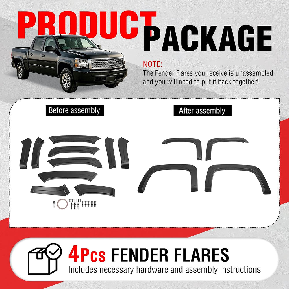 4Pcs Fender Flares Set Compatible with 2007-2013 Chevy Chevrolet Silverado 15...