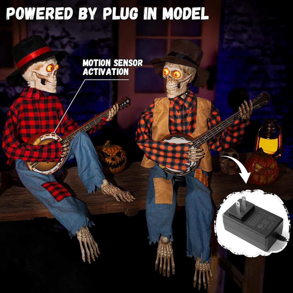 Halloween Animatronics Banjo Skeletons Duo Decorations, Animated Skull with S...