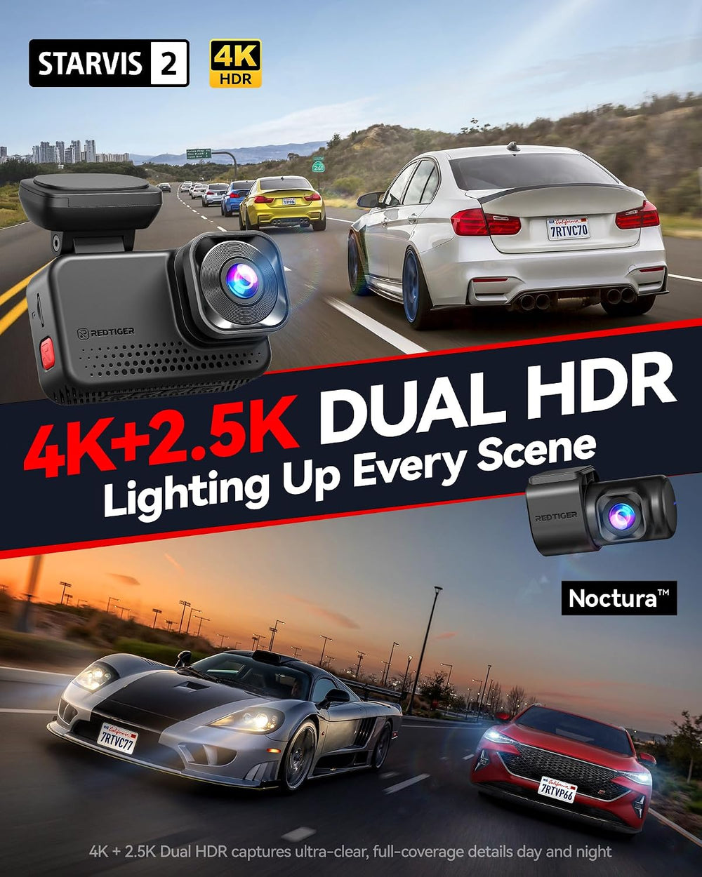 REDTIGER VC70 4K+2.5K Dash Cam, STARVIS 2 IMX678, Dual HDR, 30MB/s WiFi