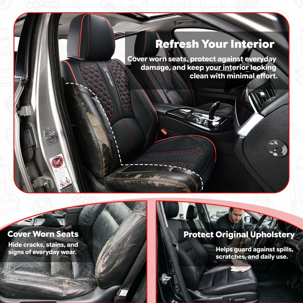 Black and Red Leather Car Seat Cover Set, with Lumbar Support