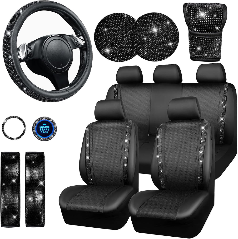 CAR PASS Leather Bling Seat Covers Full Sets 16 pcs, Bling Diamond Car Access...